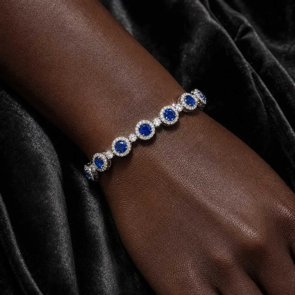 Nuoya Unisex Halo CZ Tennis Bracelet Stainless Steel Iced Out Blue Cubic Zirconia Men Women Hip Hop Wrist Jewelry Waterproof