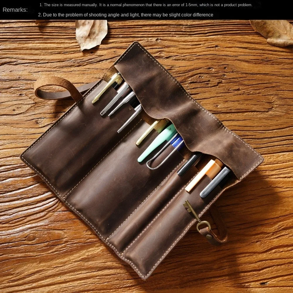 Genuine Leather Genuine Leather Pencil Case Pens Bag Creative Foldable Leathe Pencil Bag Foldable Tie Rope