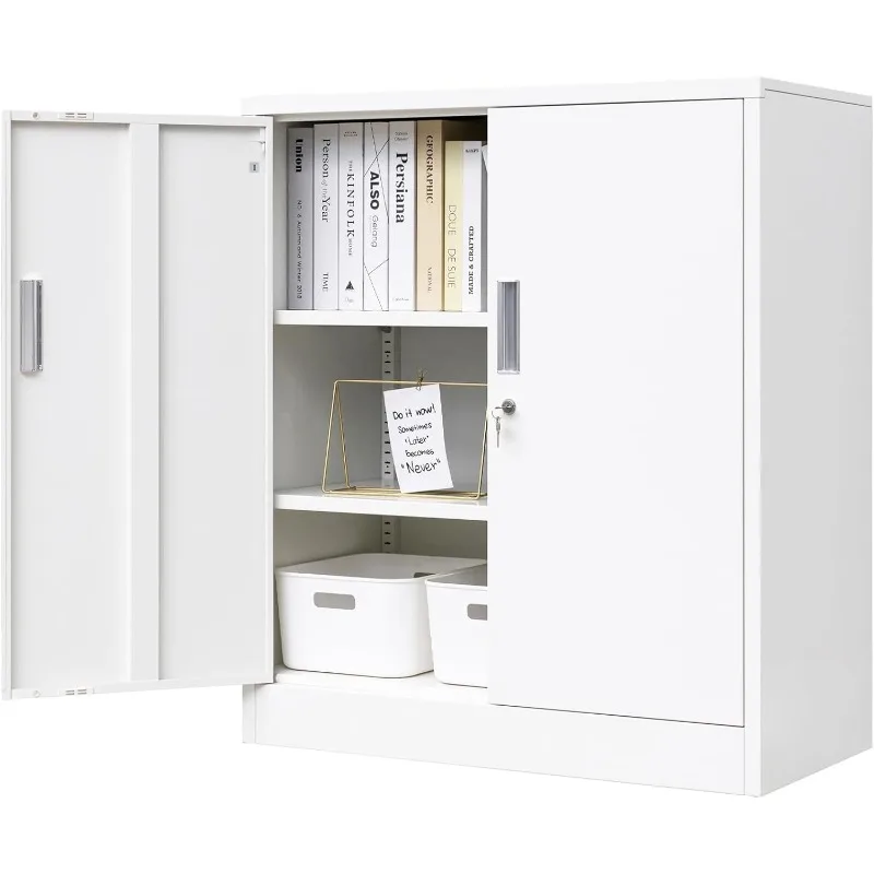 

36"- White Locking Cabinet with Two Adjustable Shelves, Garage Storage Cabinet for Office, Garage, Home