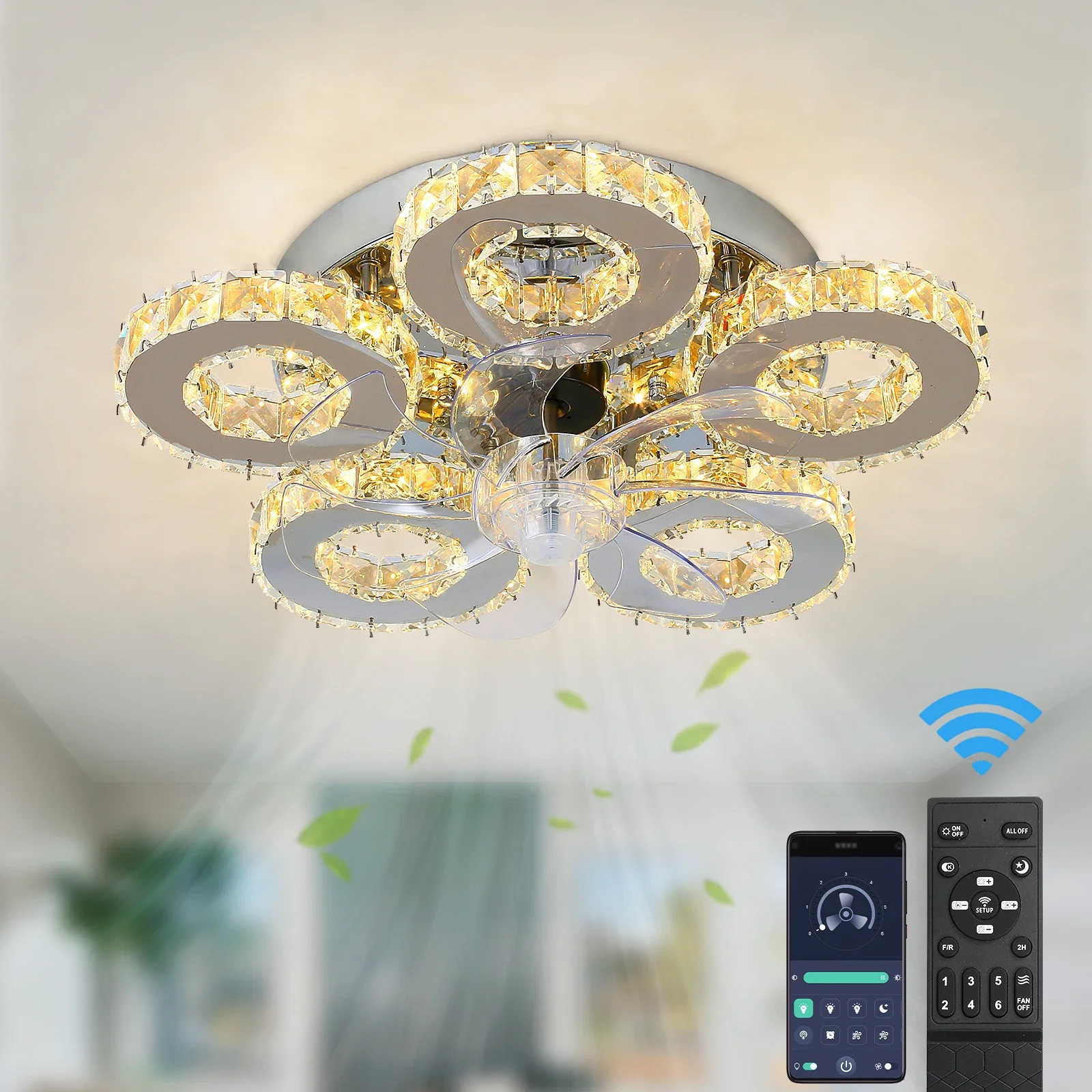 

Led Fan Light Modern Ceiling Fan Lamp Smart APP RC Luxury Crystal Chandelier Home Decor Appliance Fixture Living Dining Room
