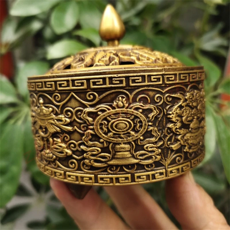 Auspicious ornaments, brass five blessings and eight treasures tripod stove, exquisite household incense burner ornaments