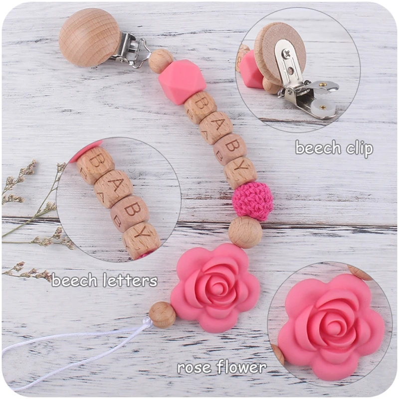 Wood Bead Baby Boy Girls Holder Pacifier Clip Silicone Rose Teething Relief Teether Toy Birthday Shower Gift