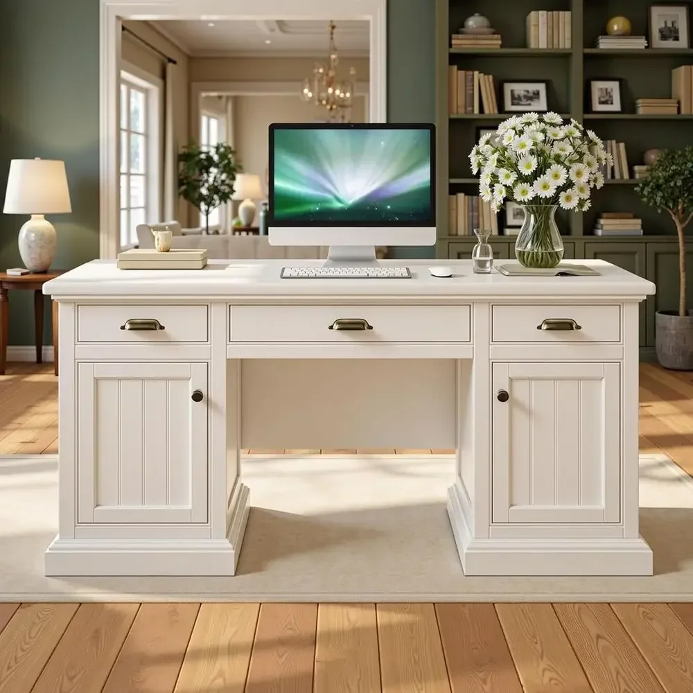 68-inch Modern Desk for Home Office & Study with 3 Drawers and 2 Cabinets, White Executive Writing Desk