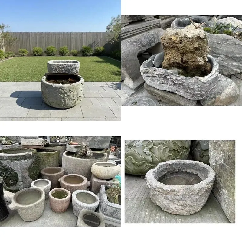 Antique Natural Stone Flowerpot with Rock Finish Outdoor Courtyard Garden Planter for Lakeside Decoration