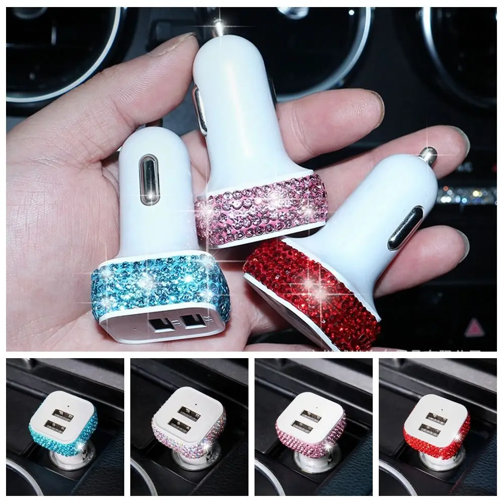 

New Bling USB Car Charger 5V 2.1A Dual Port Fast Adapter Pink Car Decor Car Styling Diamond Car Accessories Interior for Woman