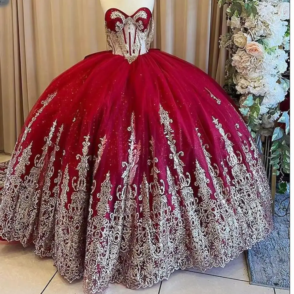 Customized Red 3D Flowers Quinceanera Dresses For Sweet 15 Girls Princess Ball Gown Appliques Graduation Prom Formal Dresses