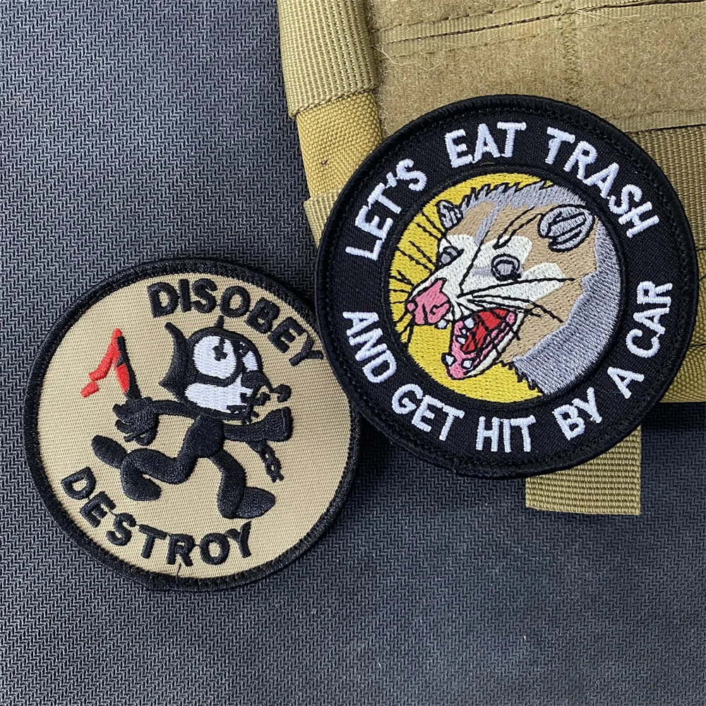 Tomcat Felix Cat Disobey Destroy Embroidery Morale Tactical Patch Lets Eat Trash and Get Hit By A Car Mouse Patches on Clothes