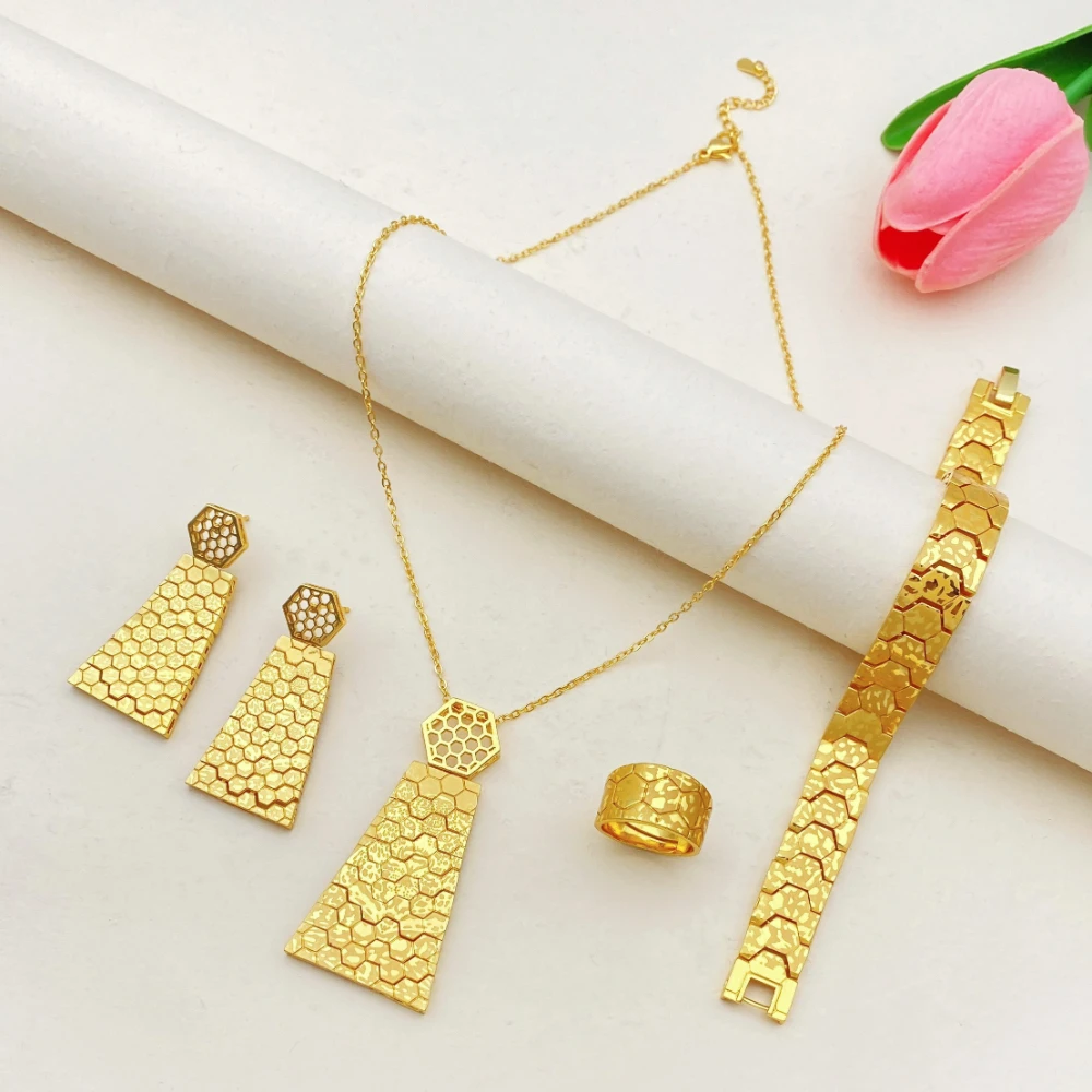 

Falair Gold Plated Copper Jewelry Set for Women Versatile Daily Wear Simple Necklace Bracelet Earrings Ring Ghana Accessories