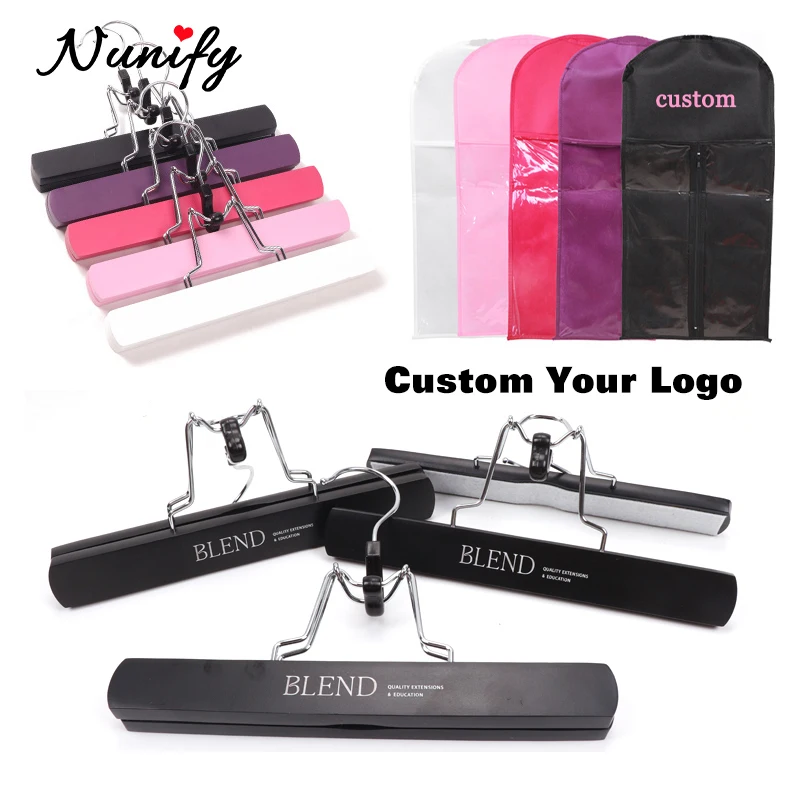 Custom Anti Slip Hair Extension Holder With Wooden Hanger Print Own Logo Wig Bags Storage With Wooden Hanger For Hair Extension