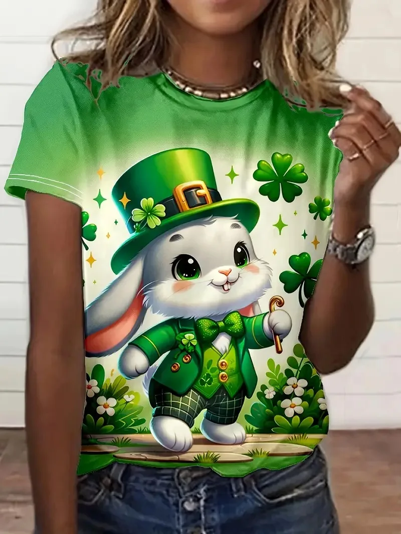 만화 토끼 녹색 모자 클로버 패턴 인쇄 여성 반팔 티셔츠 유행 여름 캐주얼 오버 사이즈 여성 의류