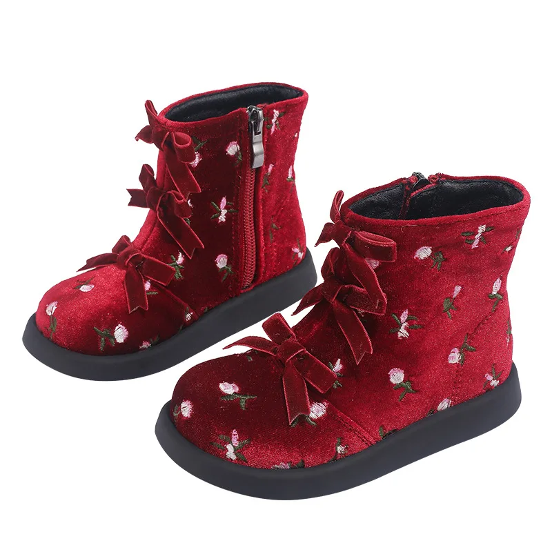 

2025 Autumn Winter New Girls' Boots Red Flower Embroidery Cute Velvet Bowknot Leather Boots