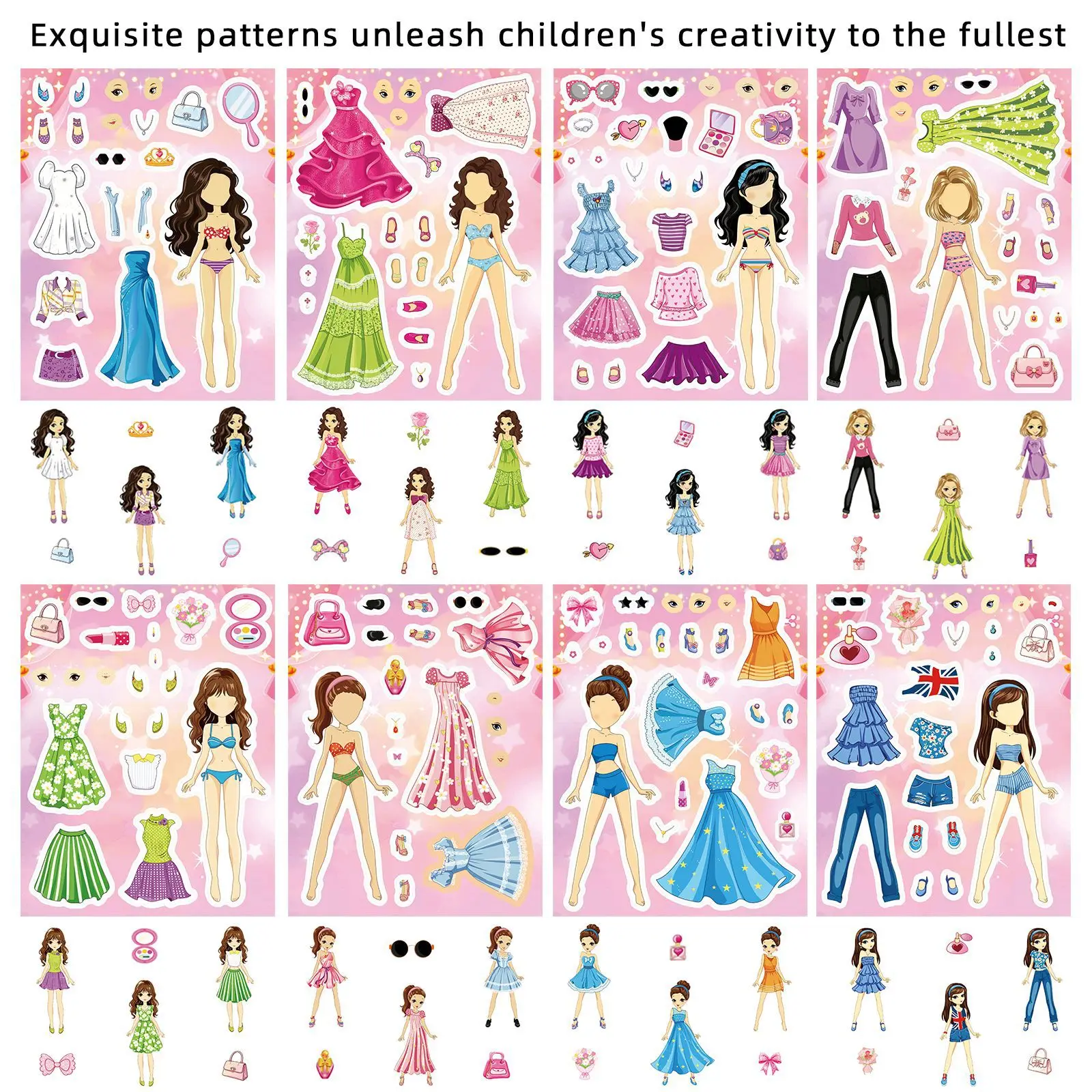 8Sheets Cute Paper Doll Dress Up Stickers Fashion Princess Changing Clothes Accessory Stickers Educational DIY Craft