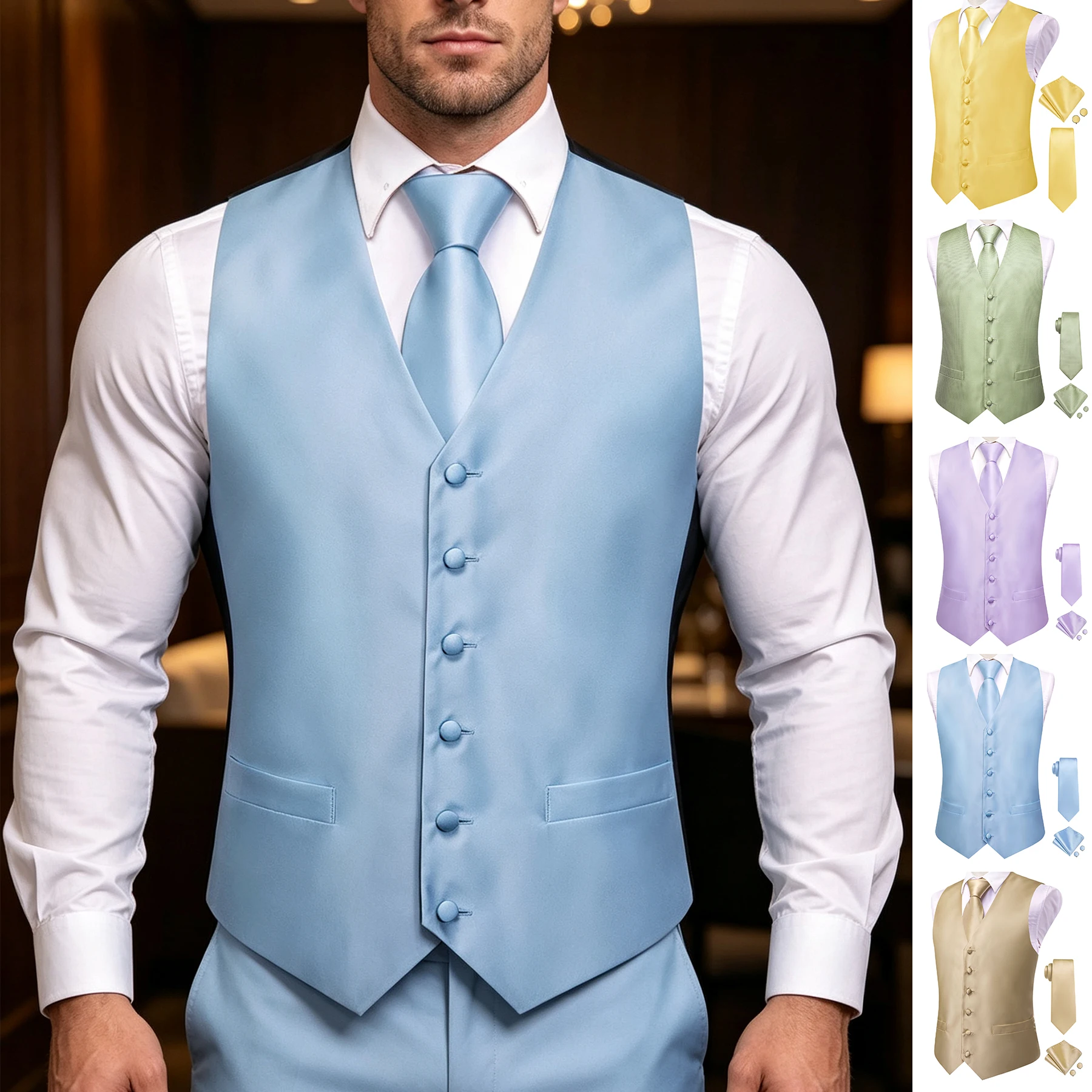 Men's Solid Color Blue Purple Pink Plain-front  V-neck  Suit Vest With Tie Pocket Square Cufflinks 4-piece Set For  Weddings