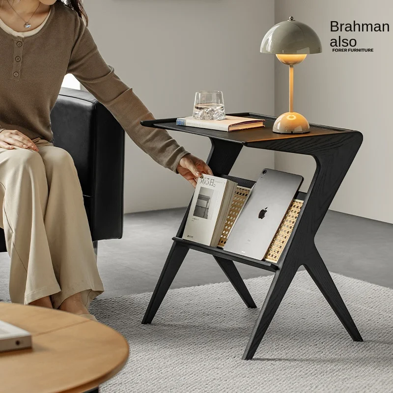 Black Ash Wood Rattan Side Table Small Office Furniture Sofa Bedside Storage Rack Magazine Rack Simple