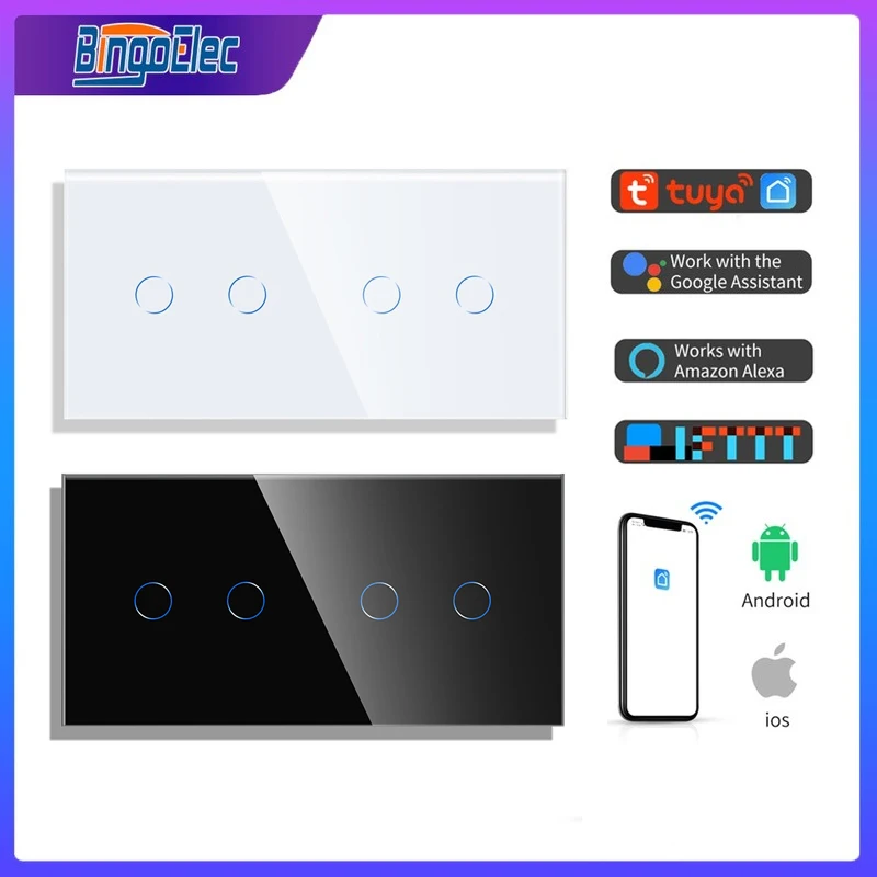 bingoelec 4gang 1way wifi interruptor de sensor luz controle parede toque painel classe cristal moda inteligente interruptor trabalho com tuya 01