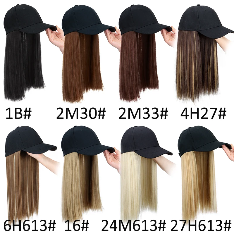 Peluca de gorra de béisbol ajustable de cabello sintético largo lacio negro de 18 pulgadas para mujer, uso diario al aire libre, estilo casual callejero 3