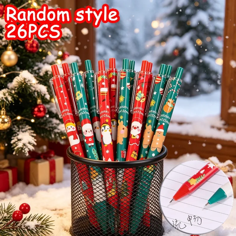 13/26pcs Christmas Retractable Ballpoint Pens, Vibrant Red Teal Barrels with Festive Prints,for Holiday Stocking Stuffers