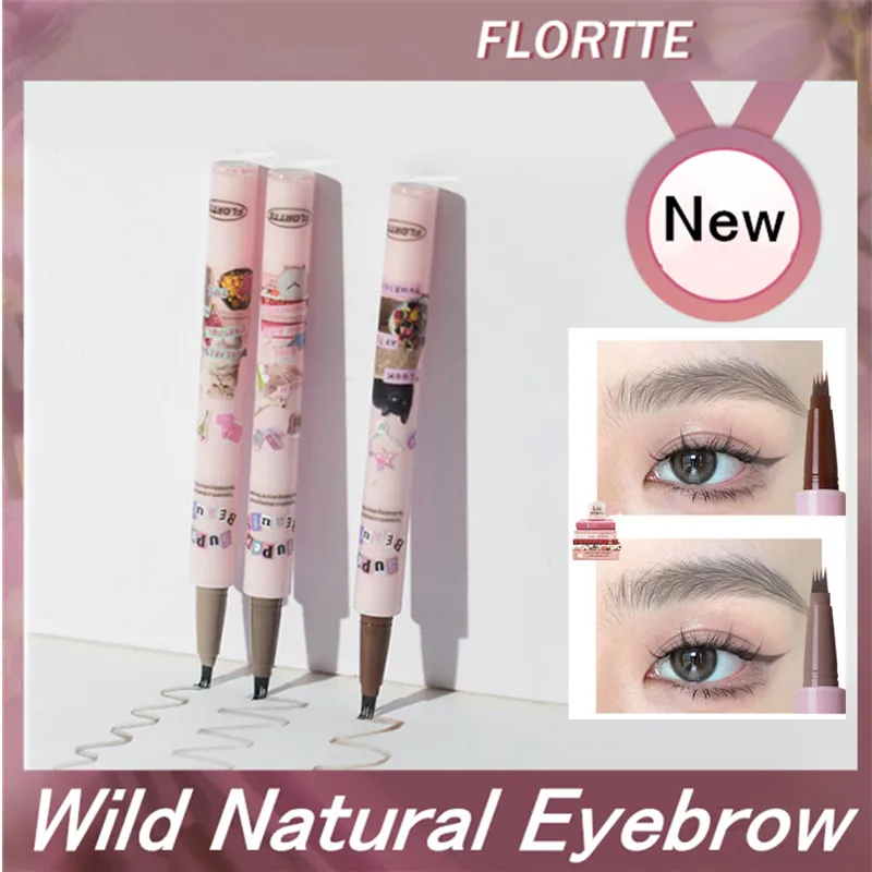 FLORTTE 4 Forks Liquid Eyebrow Pen Waterproof Natural Brows Enhancers Pencil Lower Eyelash Eyeliner Aegyo-sal Hair Line Definer