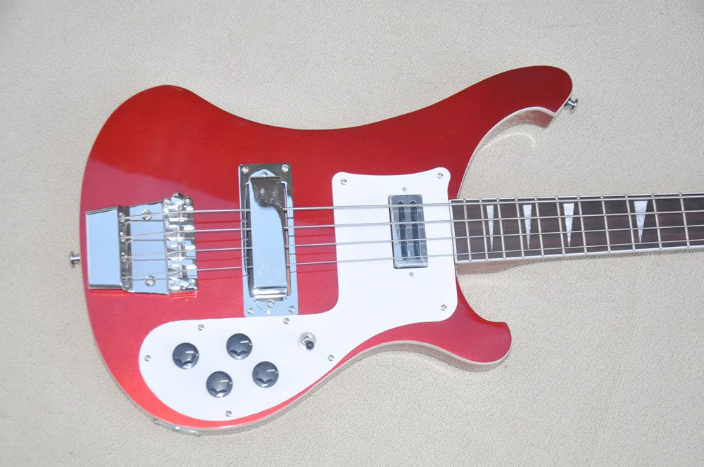 Metal Red body 4 strings Electric Bass Guitar with White Pickguard,Rosewood Fingerboard,Provide custom service