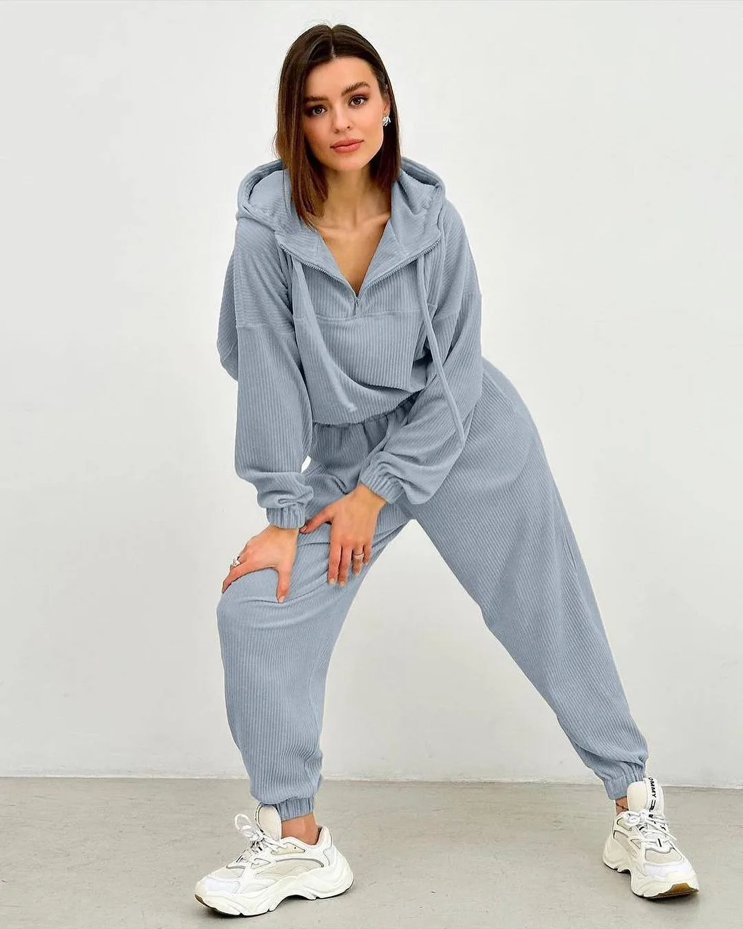 

Women Two Piece Sets Tracksuit Solid Hooded Sport Suits Autumn Warm Hoodie Casual Long Sleeve Sweatshirts Trousers Zipper