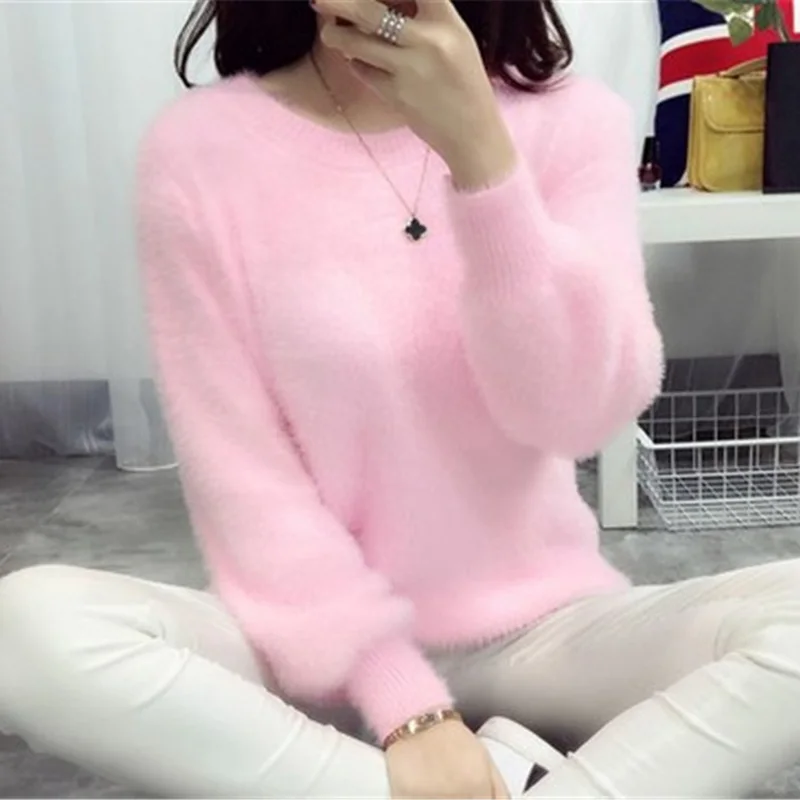 Mohair Sweater Women Fur Knitted Sweater Pullovers Winter Fall Fashion Plush Soft Jumper Female Casual Tops Round Neck Mohair