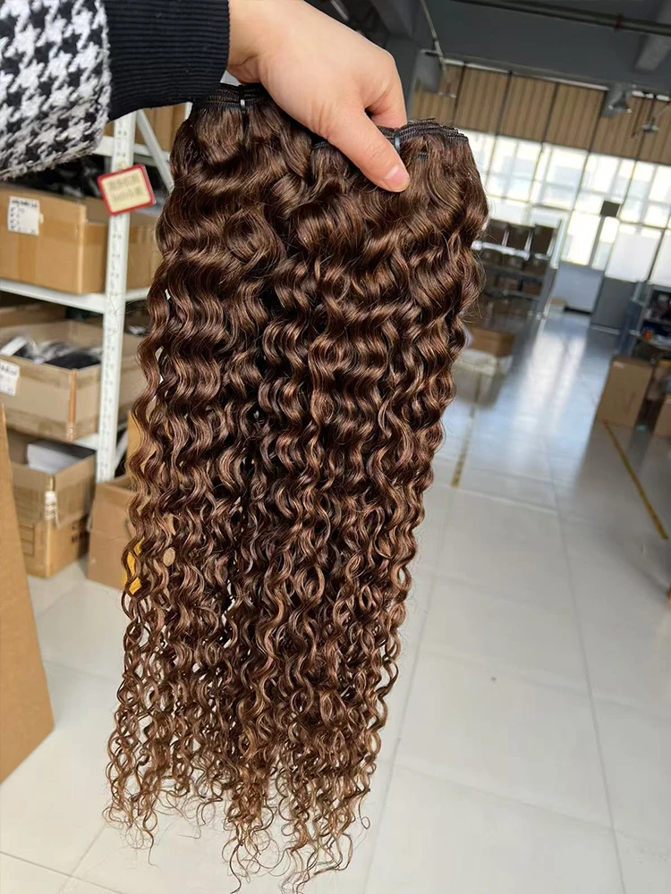 # 4 الشوكولاته براون موجة المياه عابث مجعد 10-30 بوصة حزم الشعر البشري موجة مجعد عميق بيرو عذراء الشعر الخام خياطة في حزم #3