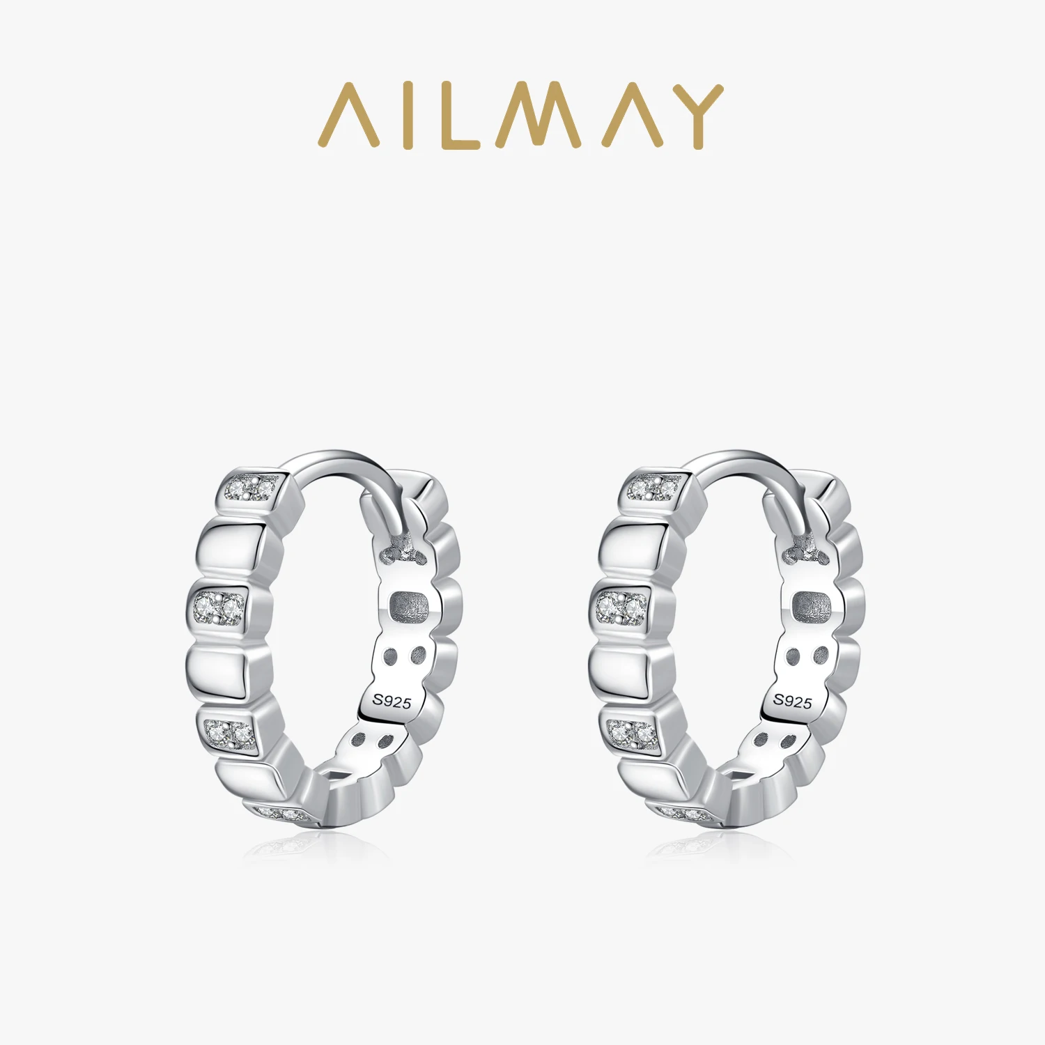 Ailmay 925 Sterling Silver Fashion Dazzling Zirconia Geometric Ear Buckles For Women Wedding Engagement Fine Female Jewelry Gift