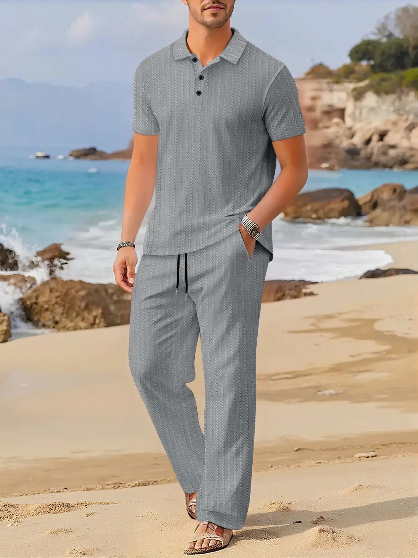 Summer New Flip-Collar Short-Sleeve Long-Pants Set Casual Beachwear Men's Clothing - view 5