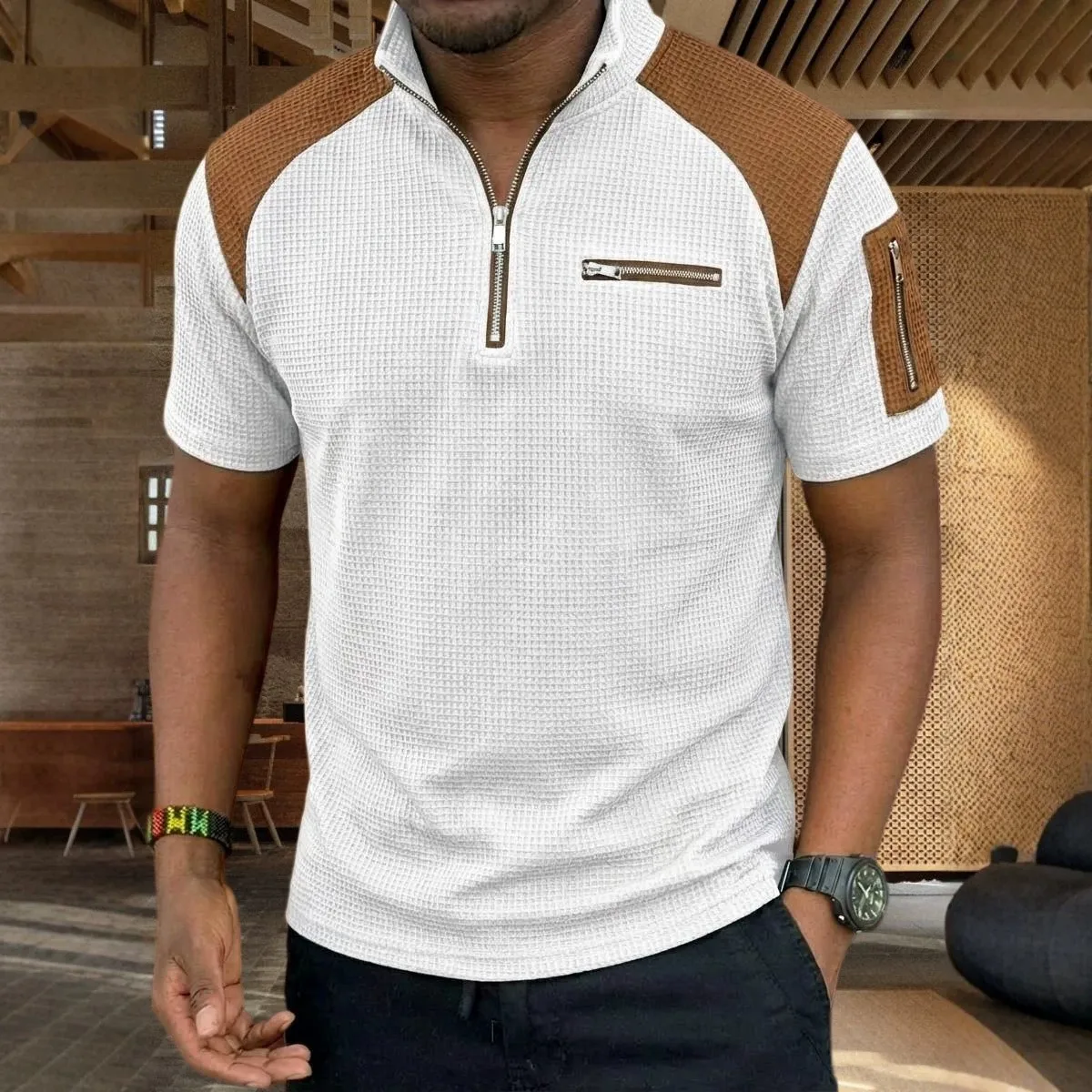 

New summer men's retro check knit polo shirt - half-open short sleeves, breathable, form-fitting, suitable for casual sports sty
