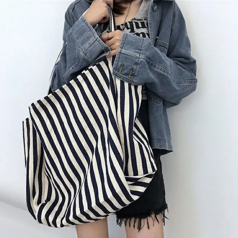 Large Capacity Canvas Women Shopper Tote Simple Striped Shoulder Bag Female Casual Multifunctional Travel Top-handle Handbag