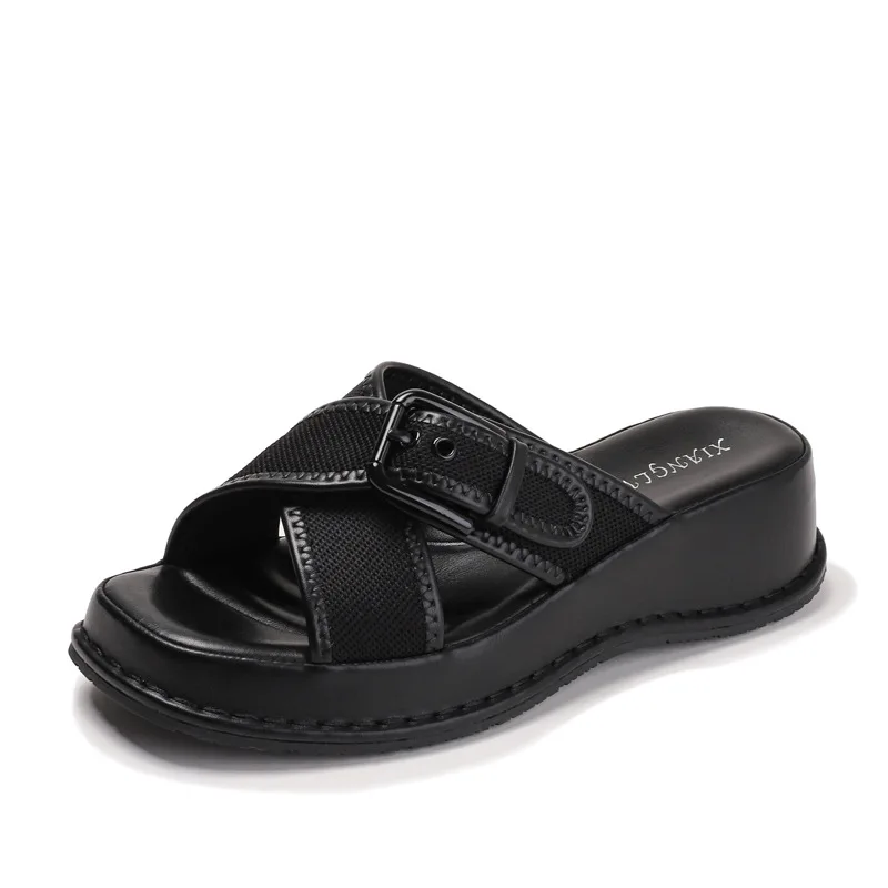 New retro women's slippers thick sole sponge cake for comfortable casual wear, non slip square toe for