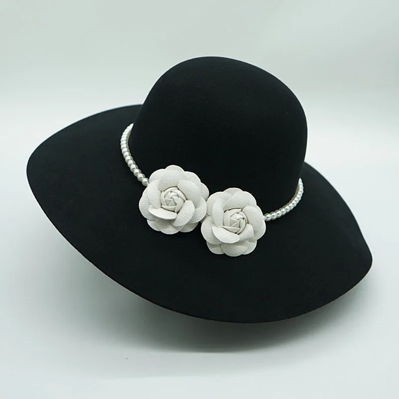 Women Black Fedora Hat Wool Felt Ladies Hats Winter Floppy Brim Flower Fedoras Perals Band Church Wedding Dress Fascinator Hat