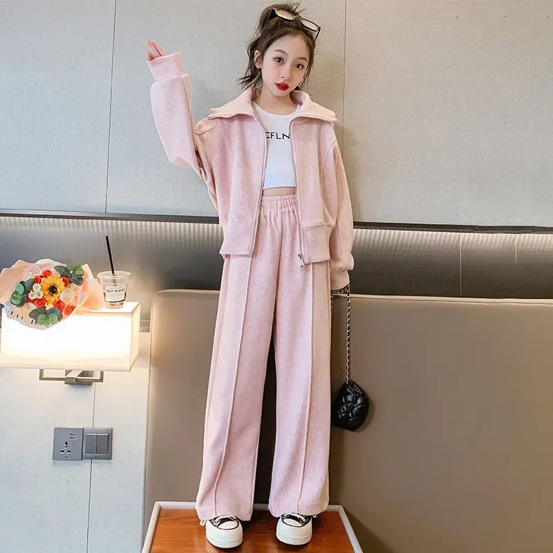 

Spring Autumn Girl Children's Top And Bottom Set Junior Girl Hooded Zipper Sweat Jackets+ Wide-leg Pants Child Girl 2pcs Suit