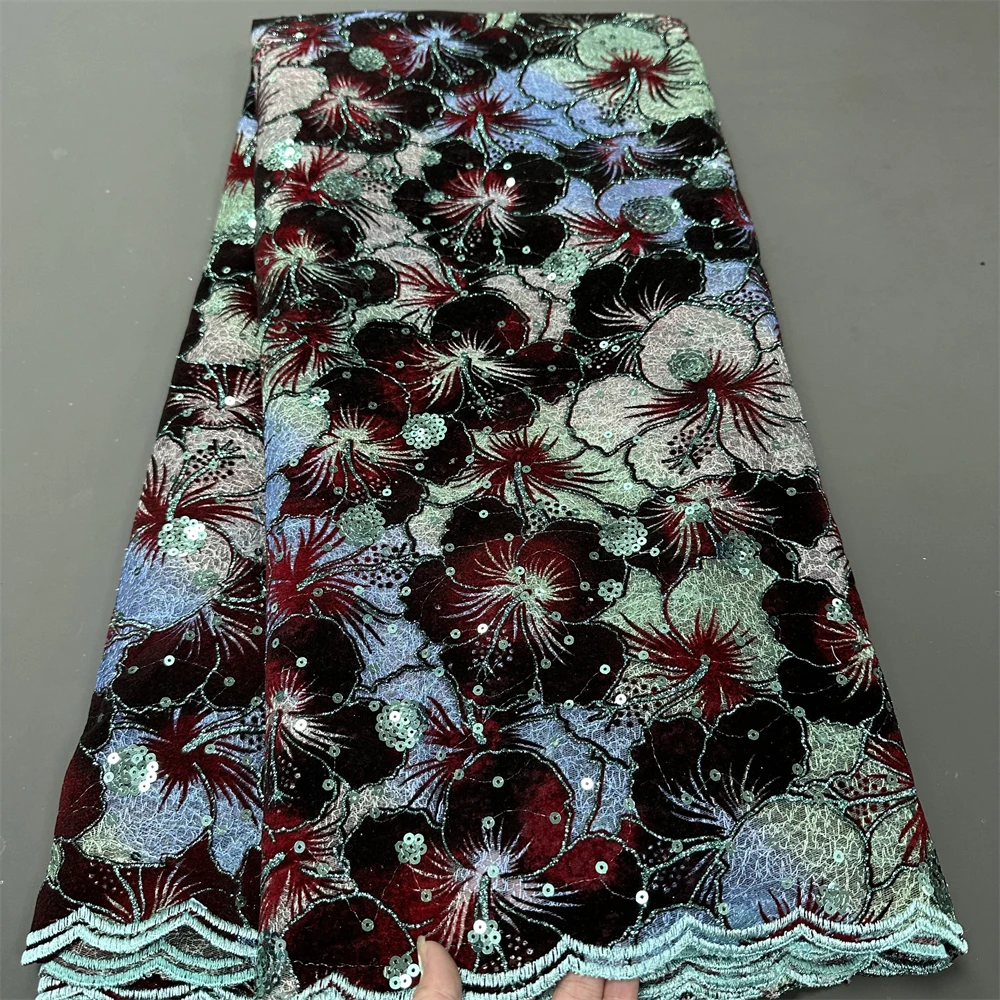 

2024High Quality African Nigerian Tulle Lace Fabric Embroidery Party Dress Sequins French For Sewing Wedding Flocked 5yard
