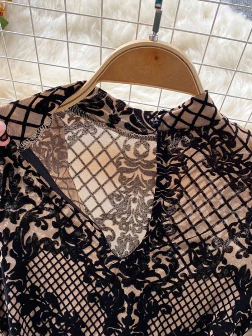 Autumn New Floral Print Bodysuit for Women Fashion Streetwear Elegant Stand Collar Long Sleeve Tight Fit Mesh Body Top Chic 2025