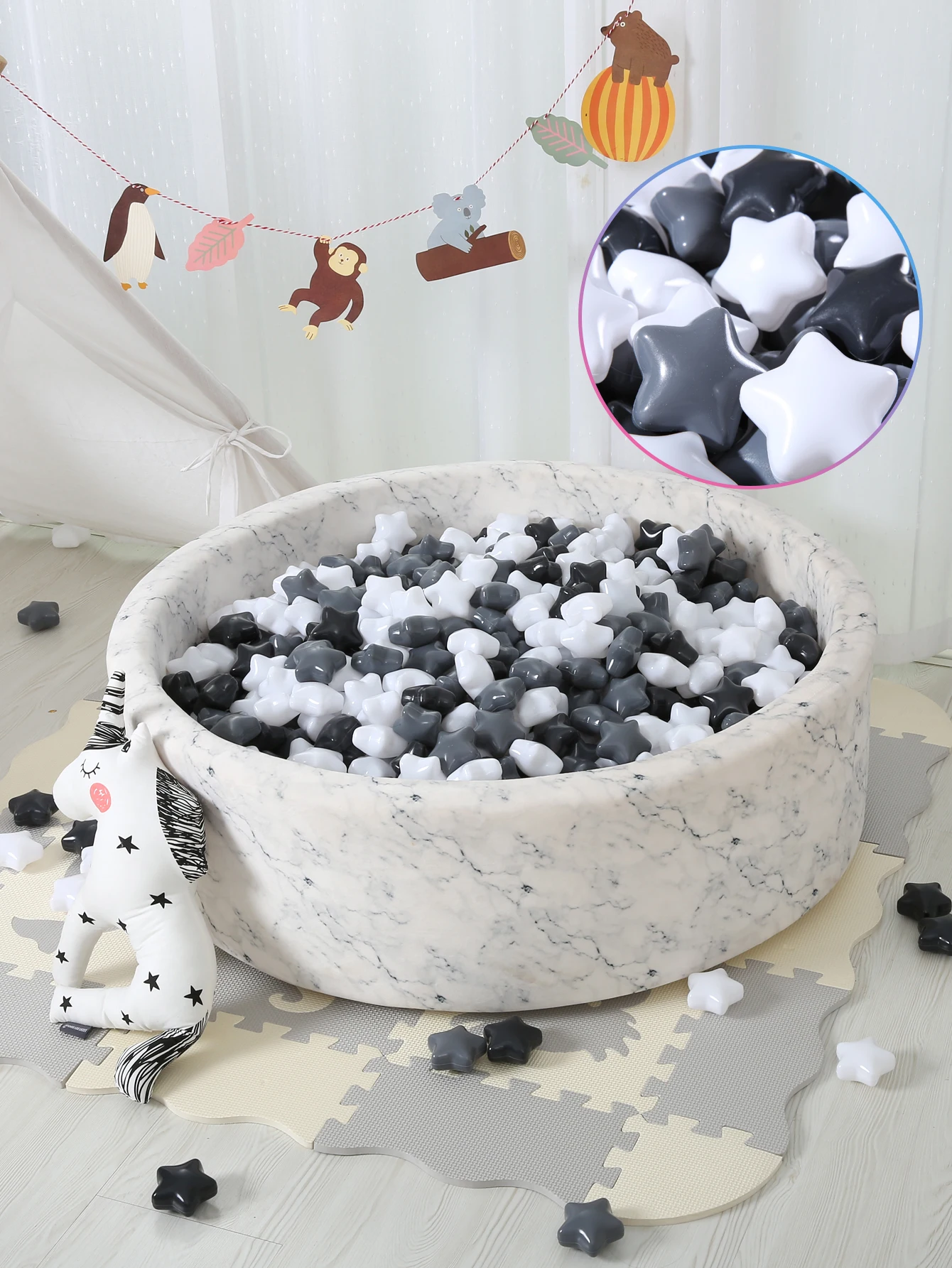 Soft Plastic Ball Pit Balls 2.67inch 150pcs BPA Free Non-Toxic Star Ball 3 Colours Black White and Grey