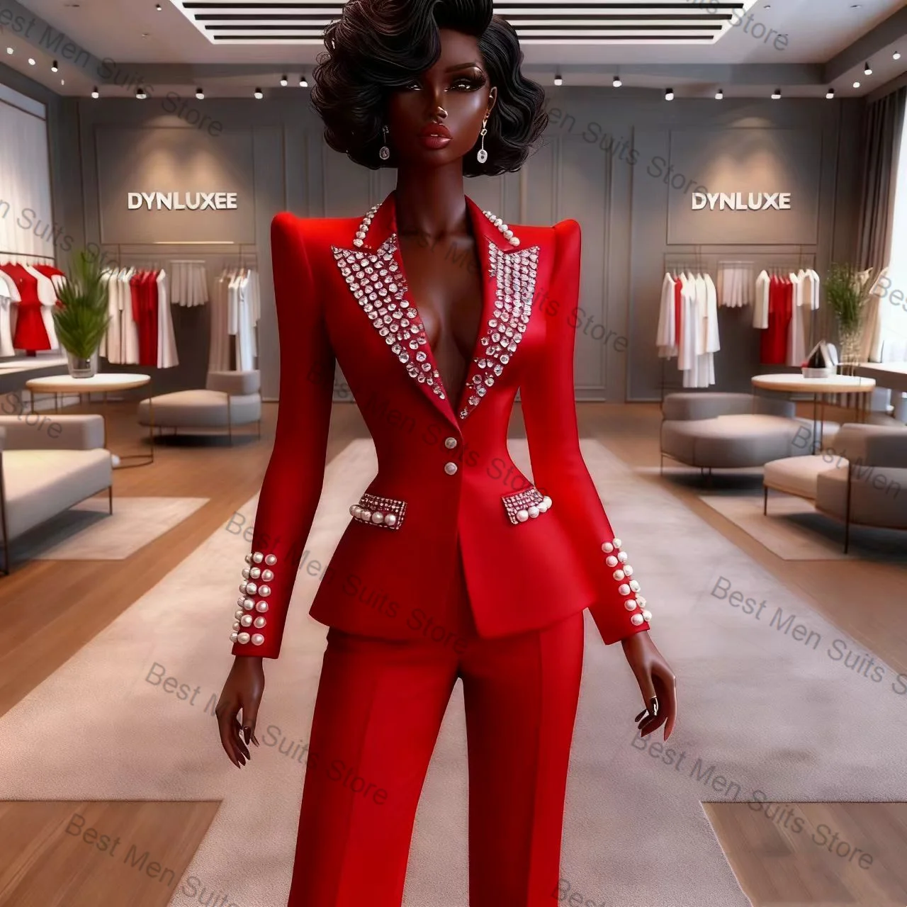 Red Women Suit Set 2 Pcs Blazer Pants Trousers Crystal Pearls Cotton Formal Office Jacket Customized Wedding Tuxedo Guest Coat