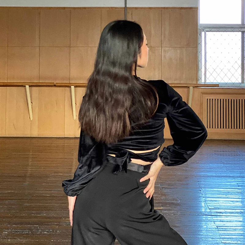 Neue latein amerikanische tanz oberteile für frauen samt riemen hemden chacha rumba tango modernes tanz kleid erwachsene latein performance tragen dn17242