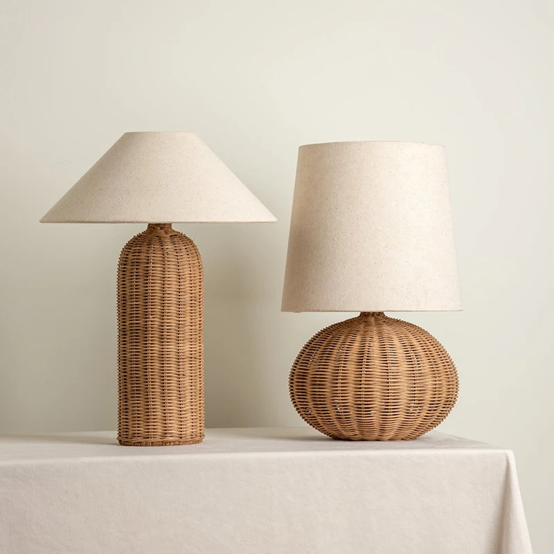 Japanese Rattan Desk Lamp Fabric Lampshade Warm LED Light Living Room Bedroom Study Home Decor
