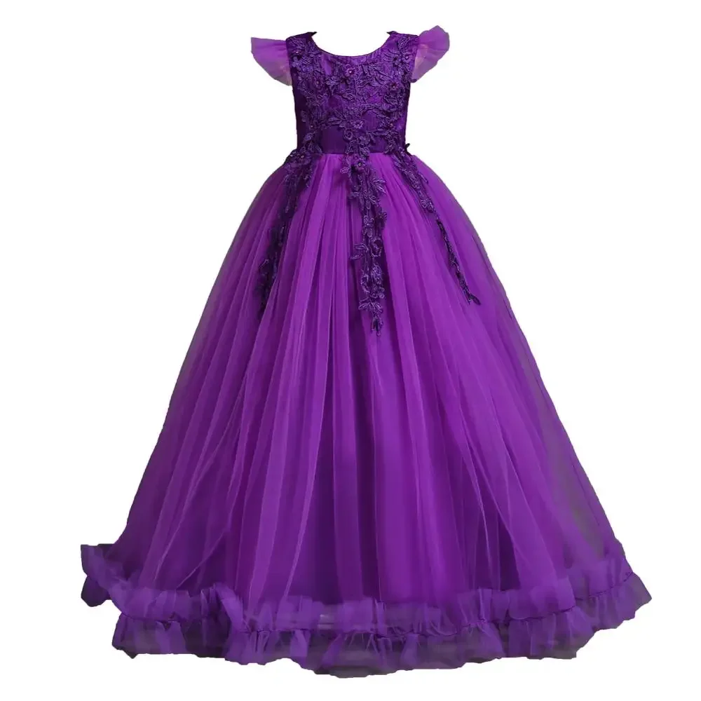 4-15 Years Kids Dress Flower Long Lace Elegant Teenagers Ball Gowns Dresses Girl Party Evening Bridesmaid Princess Clothing