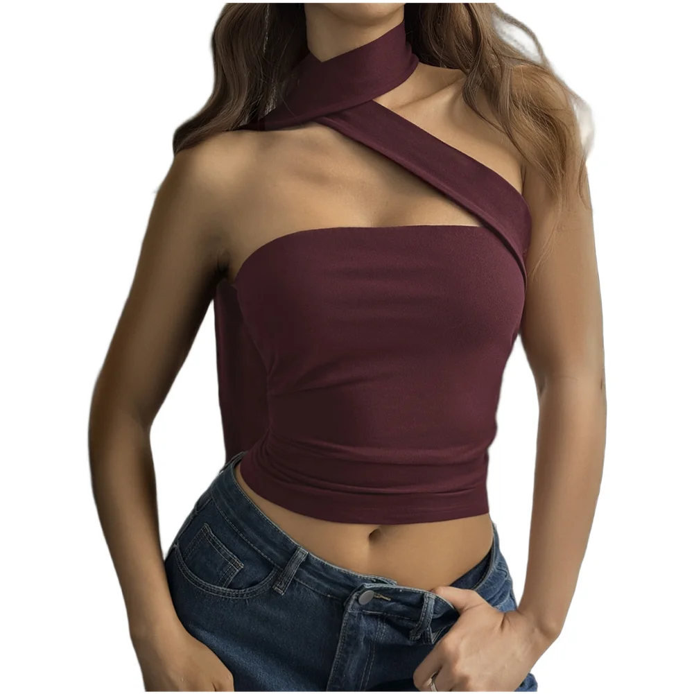 Women Summer Tube Top Tube Top Summer Fashion Top Red-Brown Y2K Tube Top Solid Color Pattern Ultra Short Length