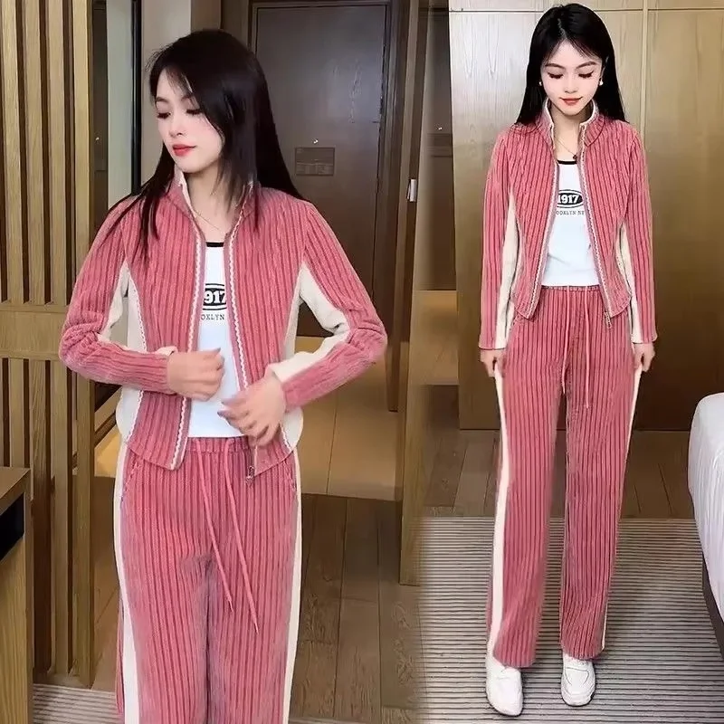 Women Fashion Stripe Sports Suit AutumnWinter Casual Short Zipper Jacket + Straight Pants Two-piece Set Tracksuit Outfits Ladies