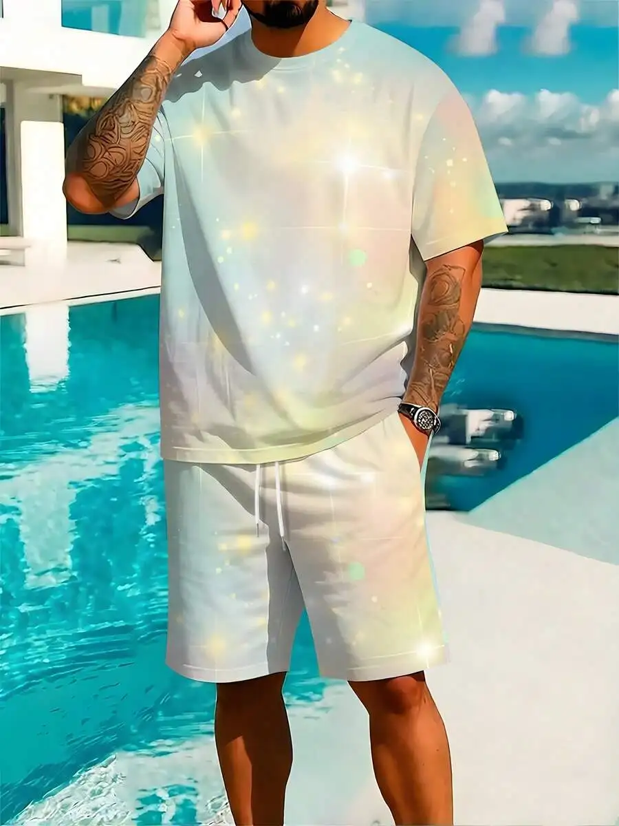 

Mens Macaron Gradient Starry Glitter Print Shorts Set Casual Beach Vacation Wear