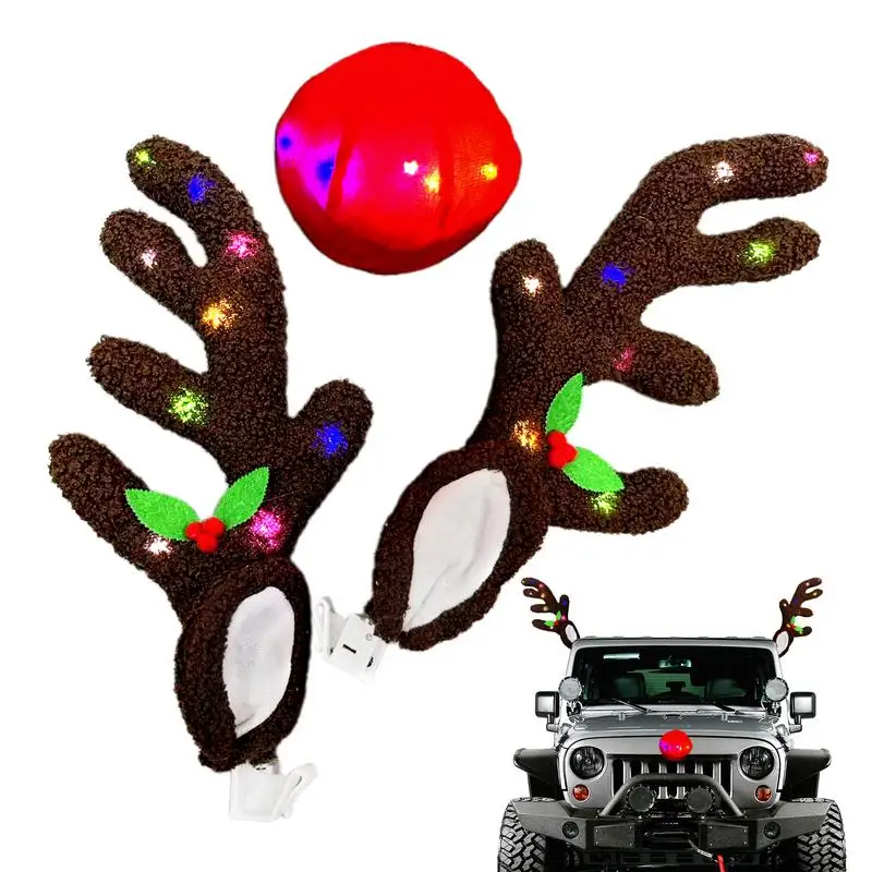 Car Christmas Reindeer Antler Decorations LED Reindeer Car Kit Cute Vehicle Decorations auto Costume Accessories for Christmas