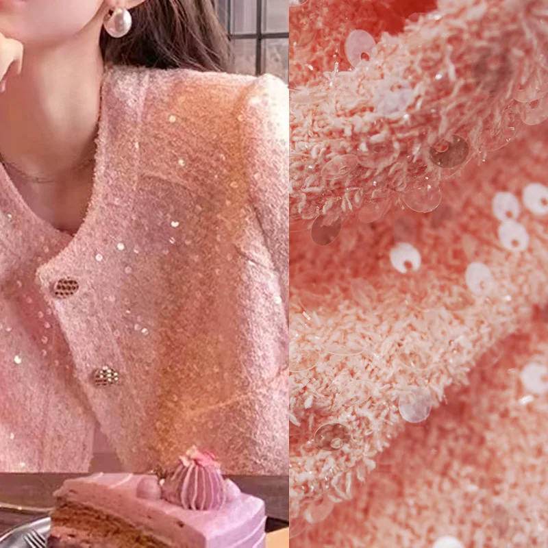 The Pink Sequins Acrylic Soft Tweed Fabric For Coat 트위드 ツイード Tissu Au MÈTre Ткань Для Handmade Sewing By The Yard Glitter Cloth