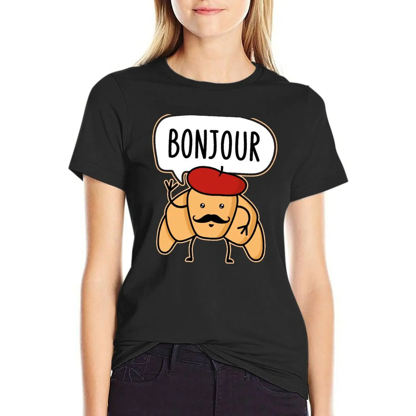 

Bonjour Kawaii Croissant With Mustache And Beret Hat T-Shirt funnys funny summer top Womens graphic t shirts