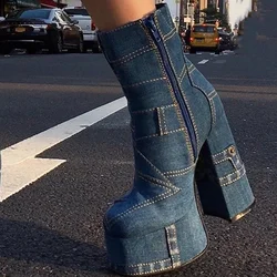 Lady Blue Denim buty na platformie zamek wysokie grube buty ze skórki cielęcej Y2K skarpety buty kowbojskie Denim projekt łydki grube buty na obcasie rozmiar 46