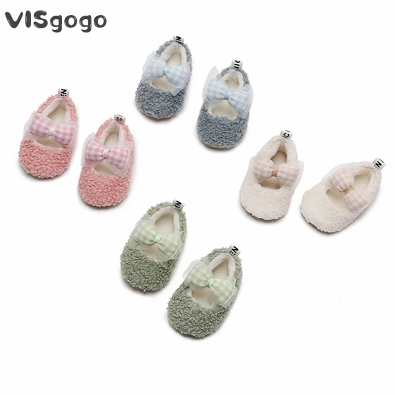 

VISgogo Baby Girls Cute Shes Plaid Bowknot Soft Sole Coral Fleece Flats Shoes First Walkers Non-Slip Fall Winter Princess Shoes