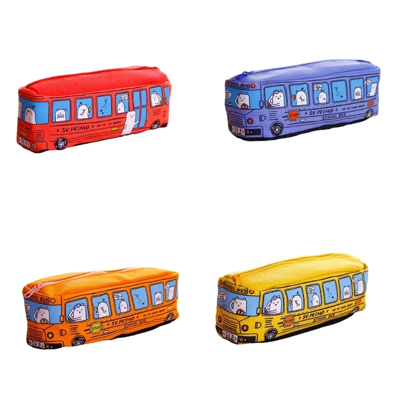 Cartoon Bus Pen Bag Canvas Pencil Pouches Big Capacity Zippered Pen Case Travel Stationeries Bag for Student Kid School H8WD