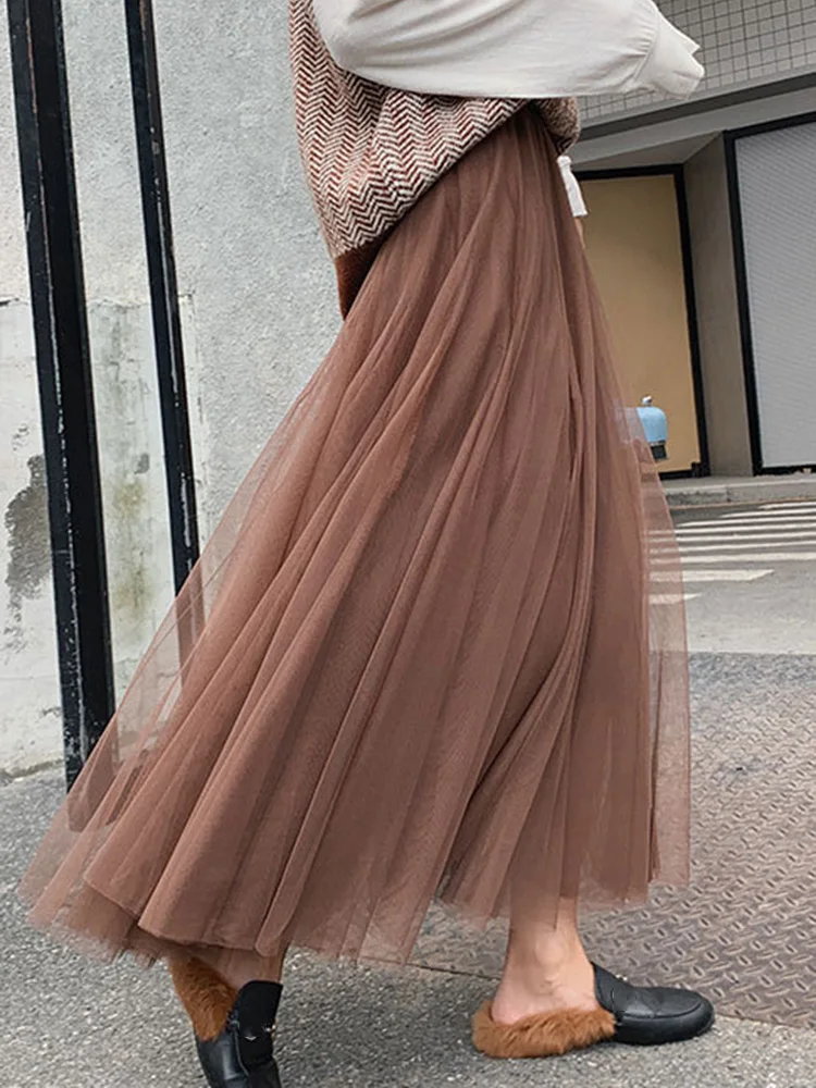 Mesh Long Skirt Elastic New Summer Waist Elegant Pleated High Waist Ball For Spring Autumn Vintage